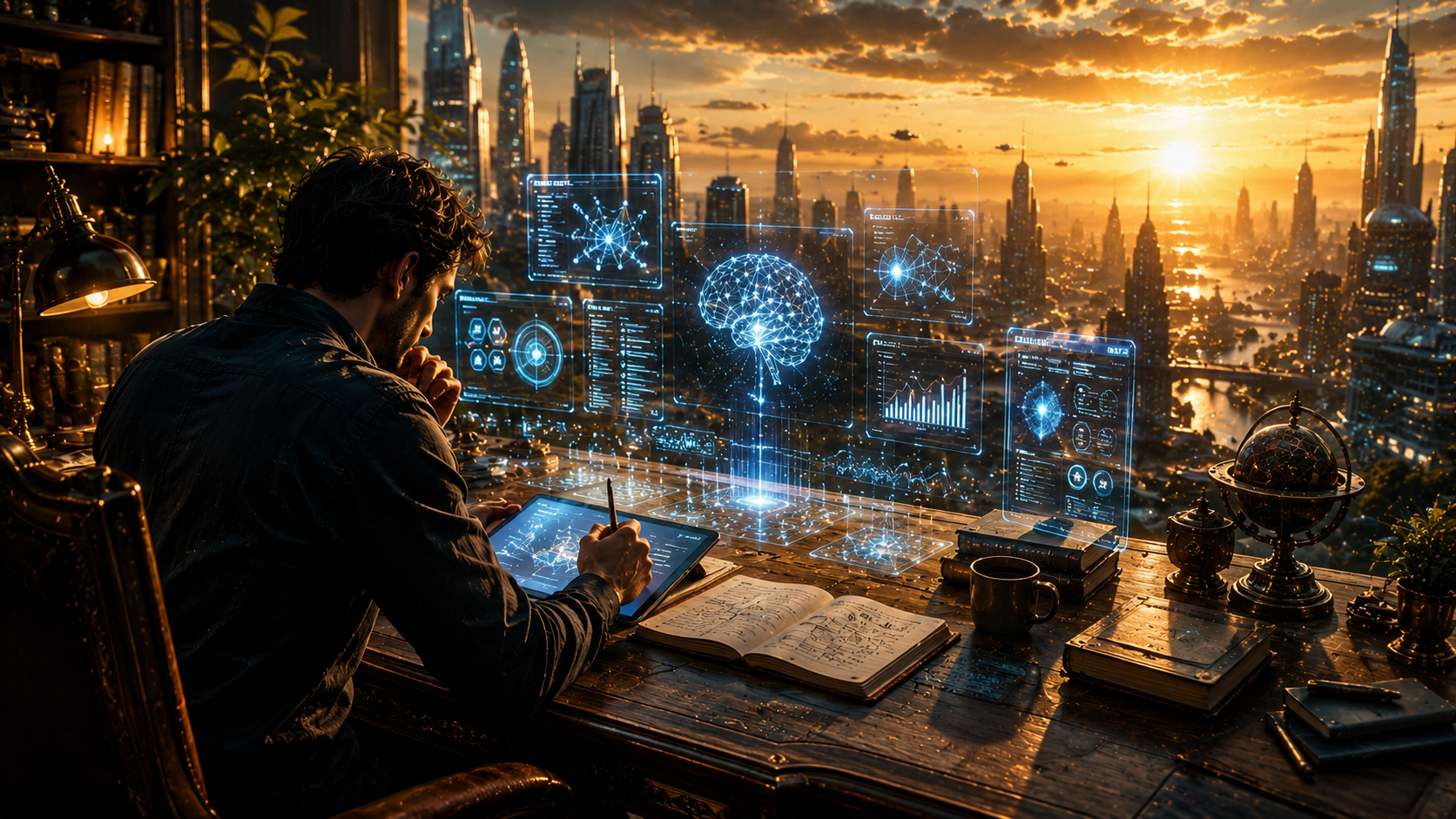 Person working at a desk with futuristic AI interfaces overlooking a modern city at sunrise, symbolising artificial intelligence, productivity, creativity, and human insight.