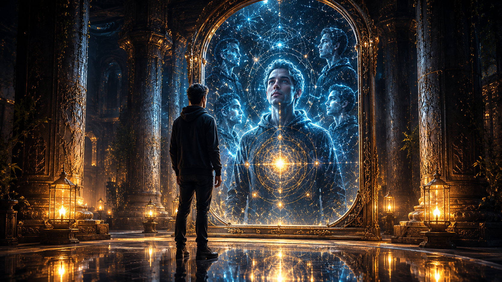 Person standing before a luminous mirror symbolising self-reflection, self-awareness, and AI-assisted personal growth.