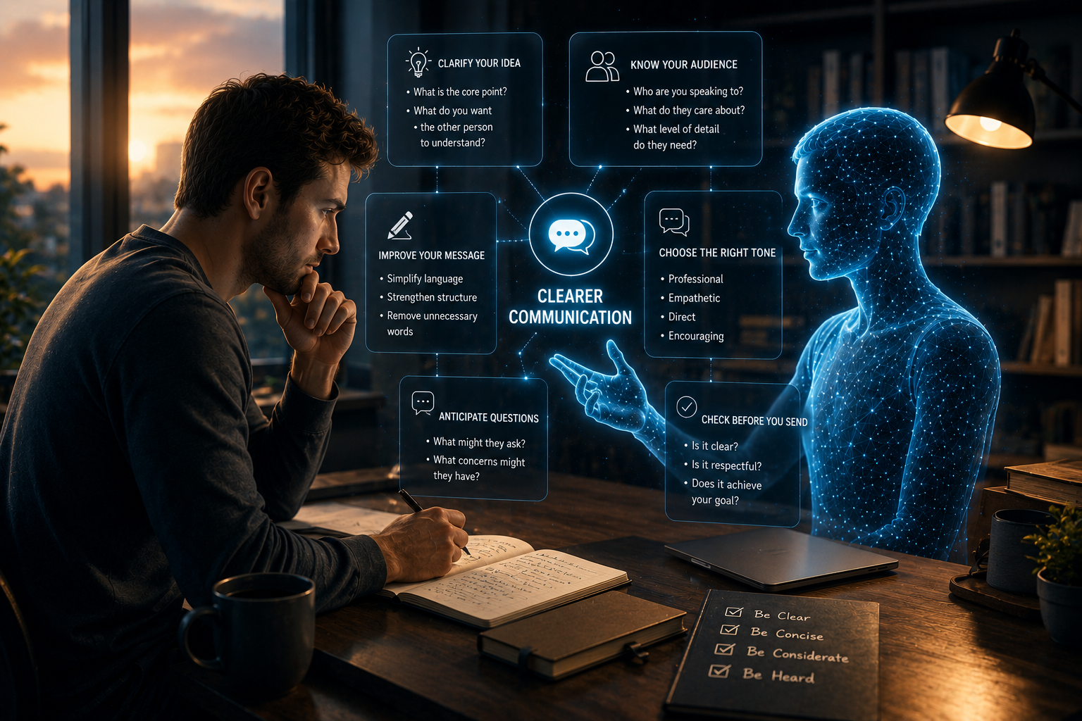 Person using AI as a thinking partner to improve communication skills, organise ideas, and communicate more effectively.