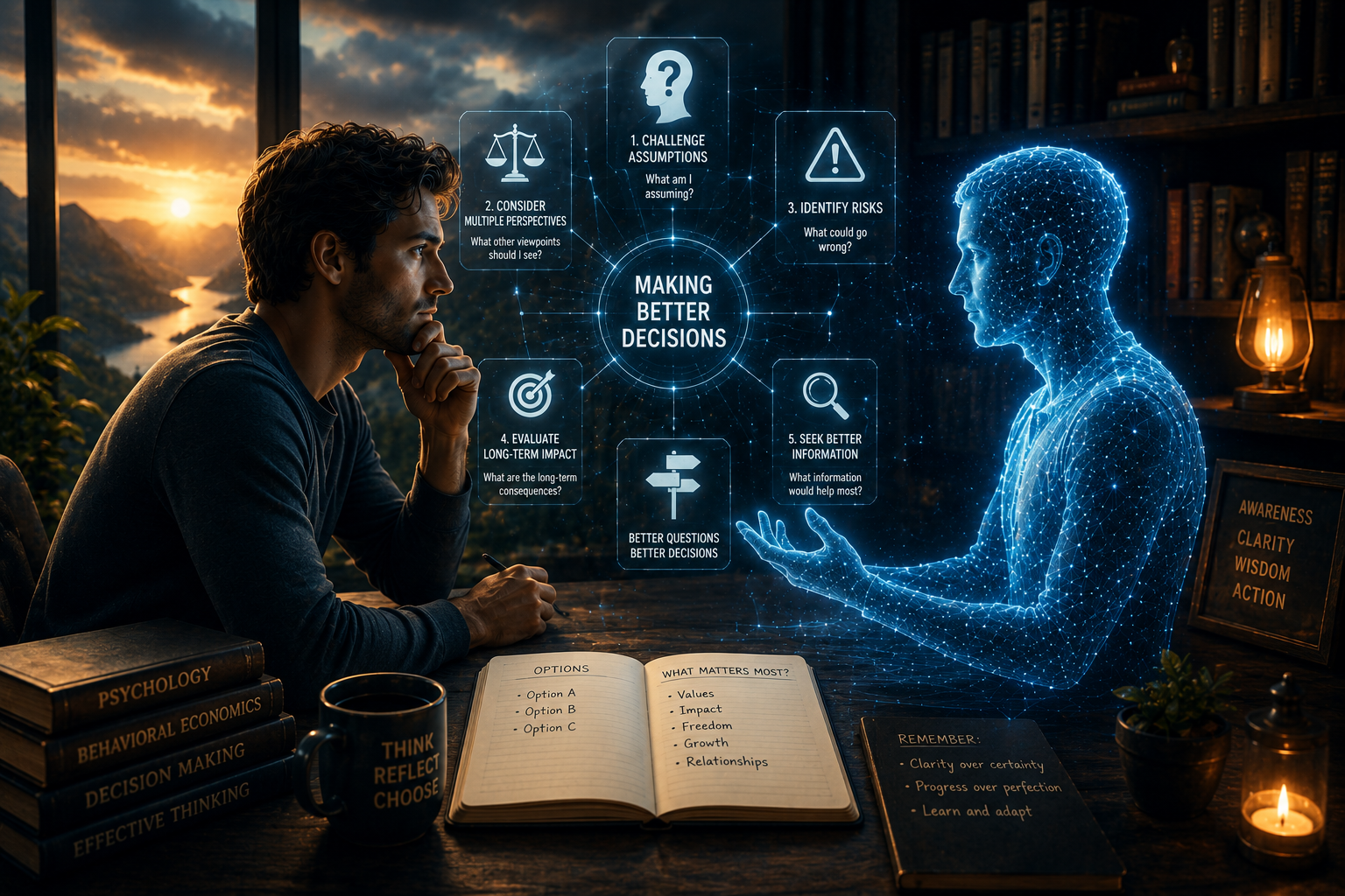 AI and Decision Making Person analysing a complex decision with the help of an AI thinking partner