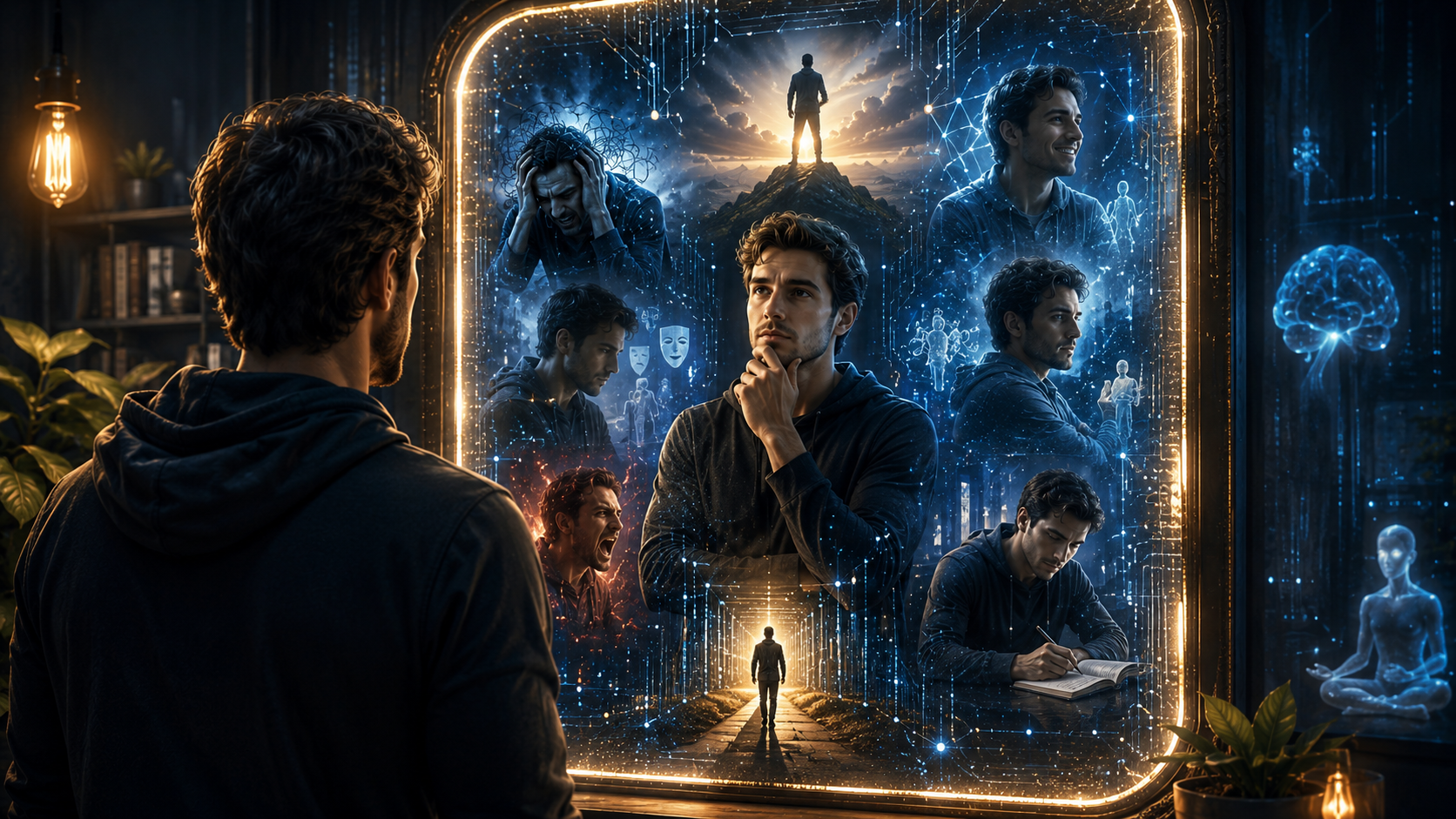 Person reflecting on personal growth and self-awareness with the help of artificial intelligence.
