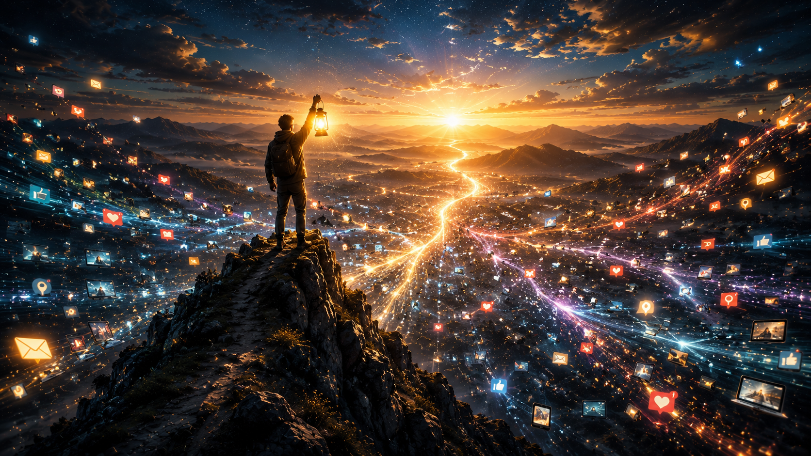 Person holding a lantern above a landscape of distractions and digital information, symbolising focus, attention, clarity, and conscious choice.