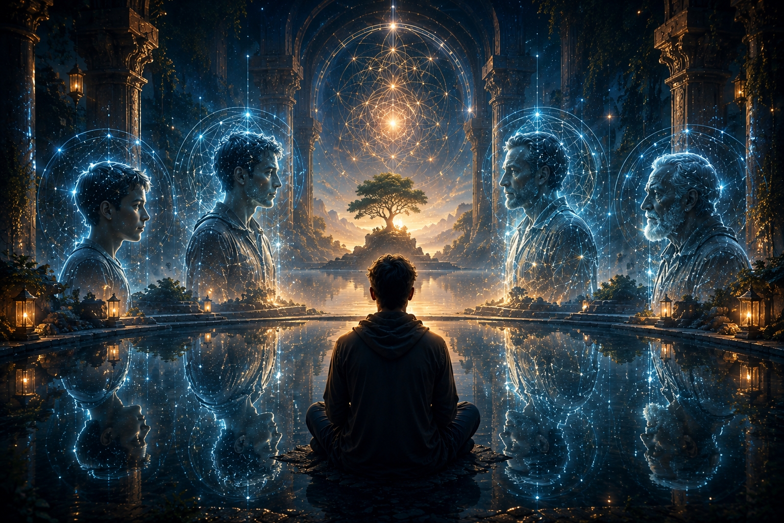 Person reflecting beside a still pool with multiple reflections symbolizing self-awareness, personal growth, and AI-assisted self-reflection.