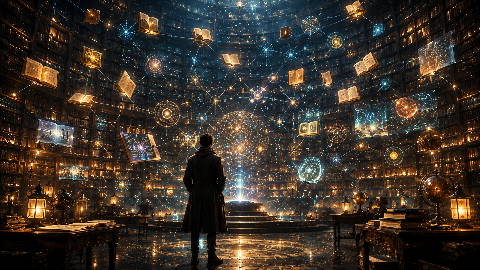 Person standing inside a vast library of interconnected books and AI knowledge networks, symbolising personal thinking systems, knowledge management, and lifelong learning.