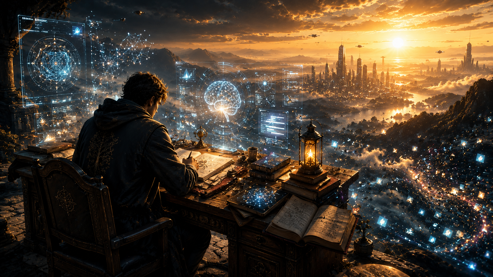 Focused individual working at a desk overlooking a futuristic landscape with AI interfaces, symbolising deep work, concentration, artificial intelligence, and human creativity.