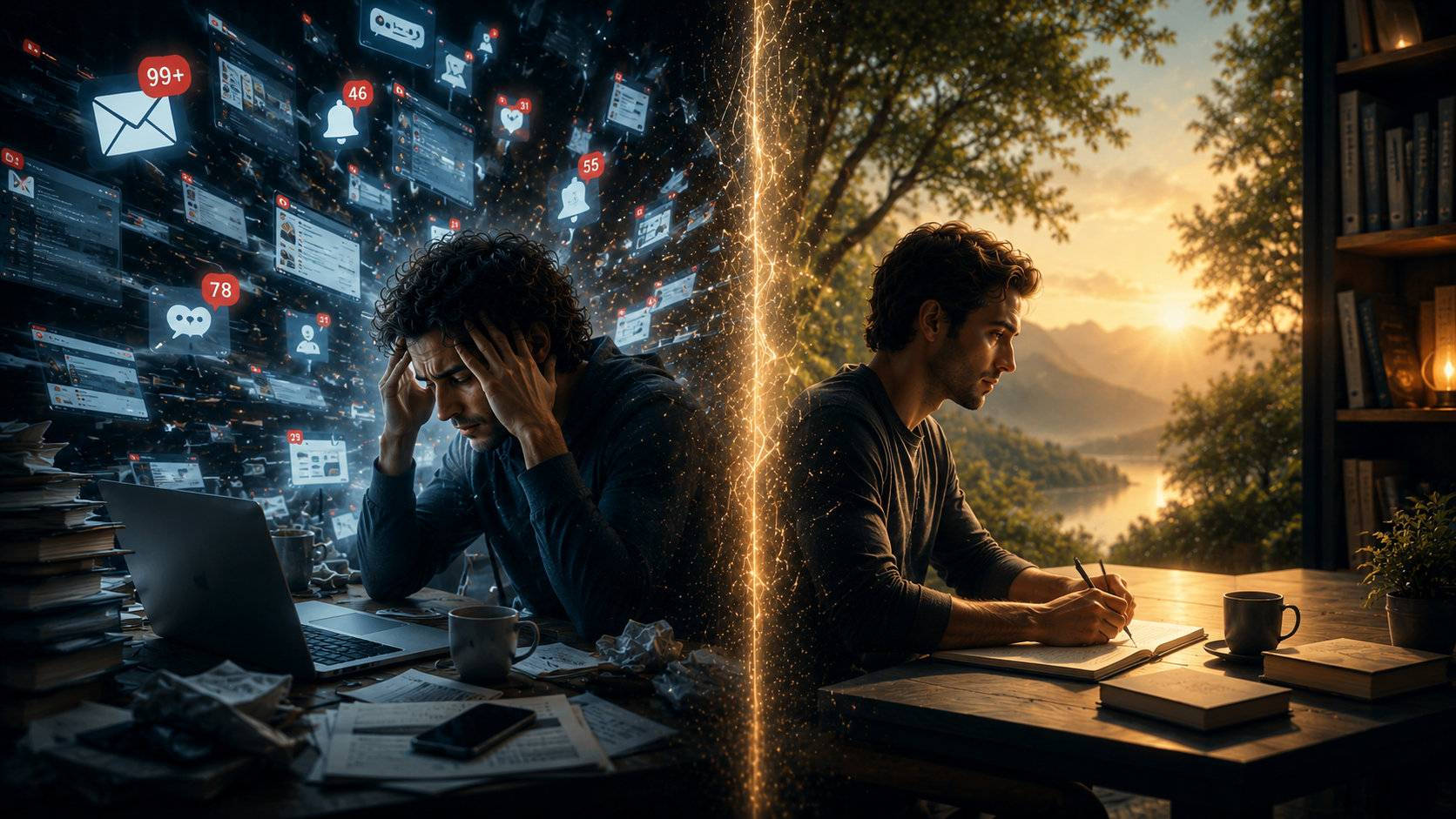 Person overwhelmed by notifications and digital distractions while seeking focus and mental clarity