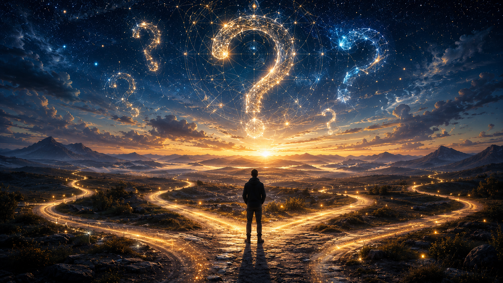 Person standing at a crossroads beneath a star-filled sky with glowing pathways and question marks, symbolising curiosity, wisdom, decision-making, and personal growth.