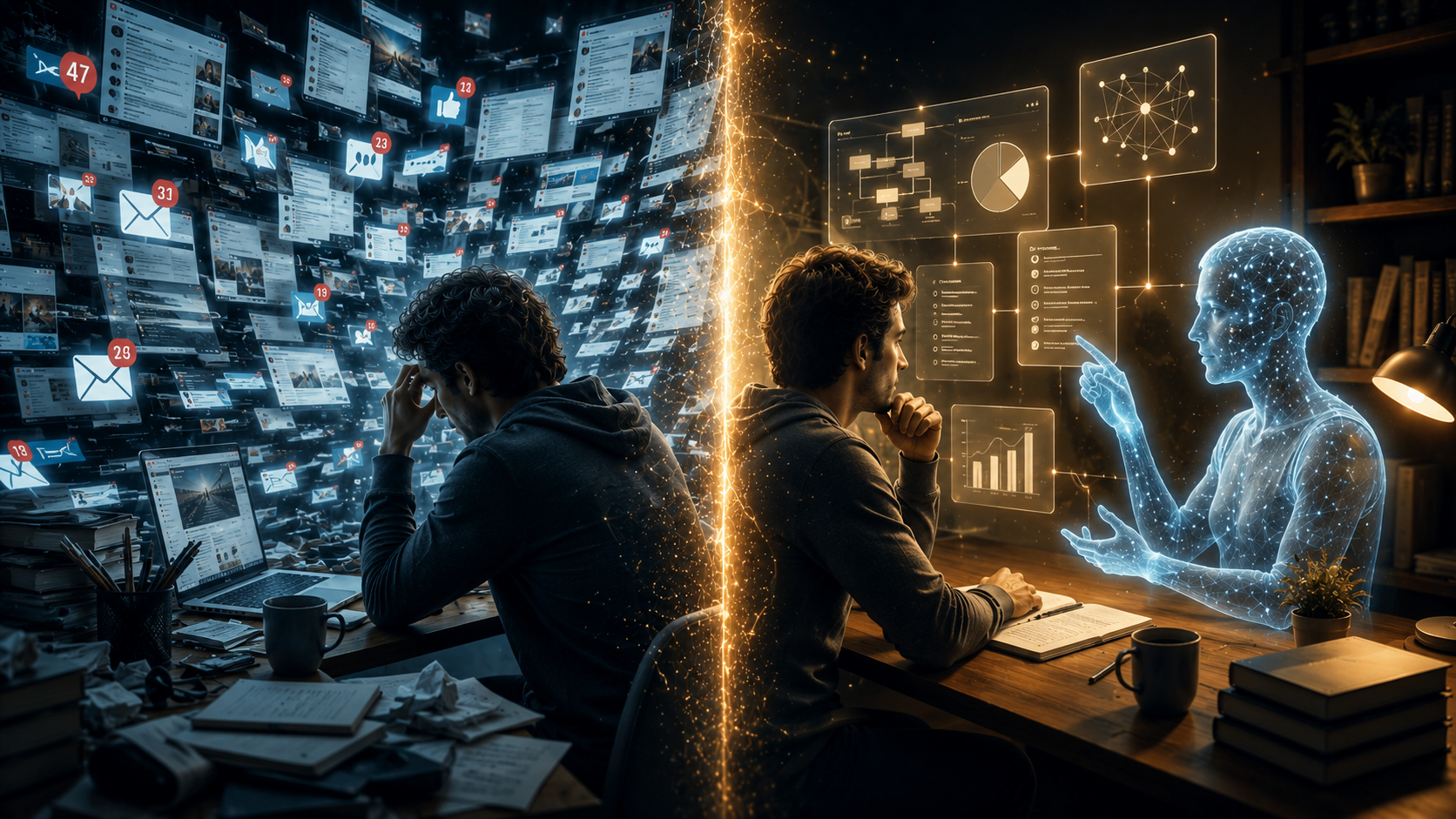 Person overwhelmed by digital information while AI helps organise knowledge into clear insights