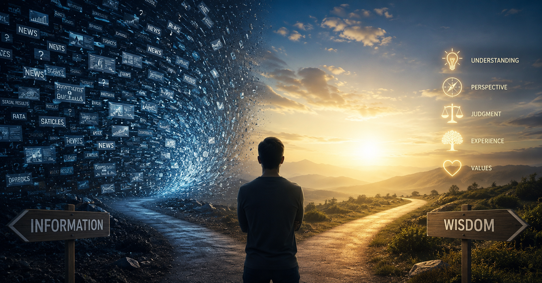 Information vs wisdom concept showing a person choosing between information overload and wisdom, representing critical thinking, better decisions, and deeper understanding.