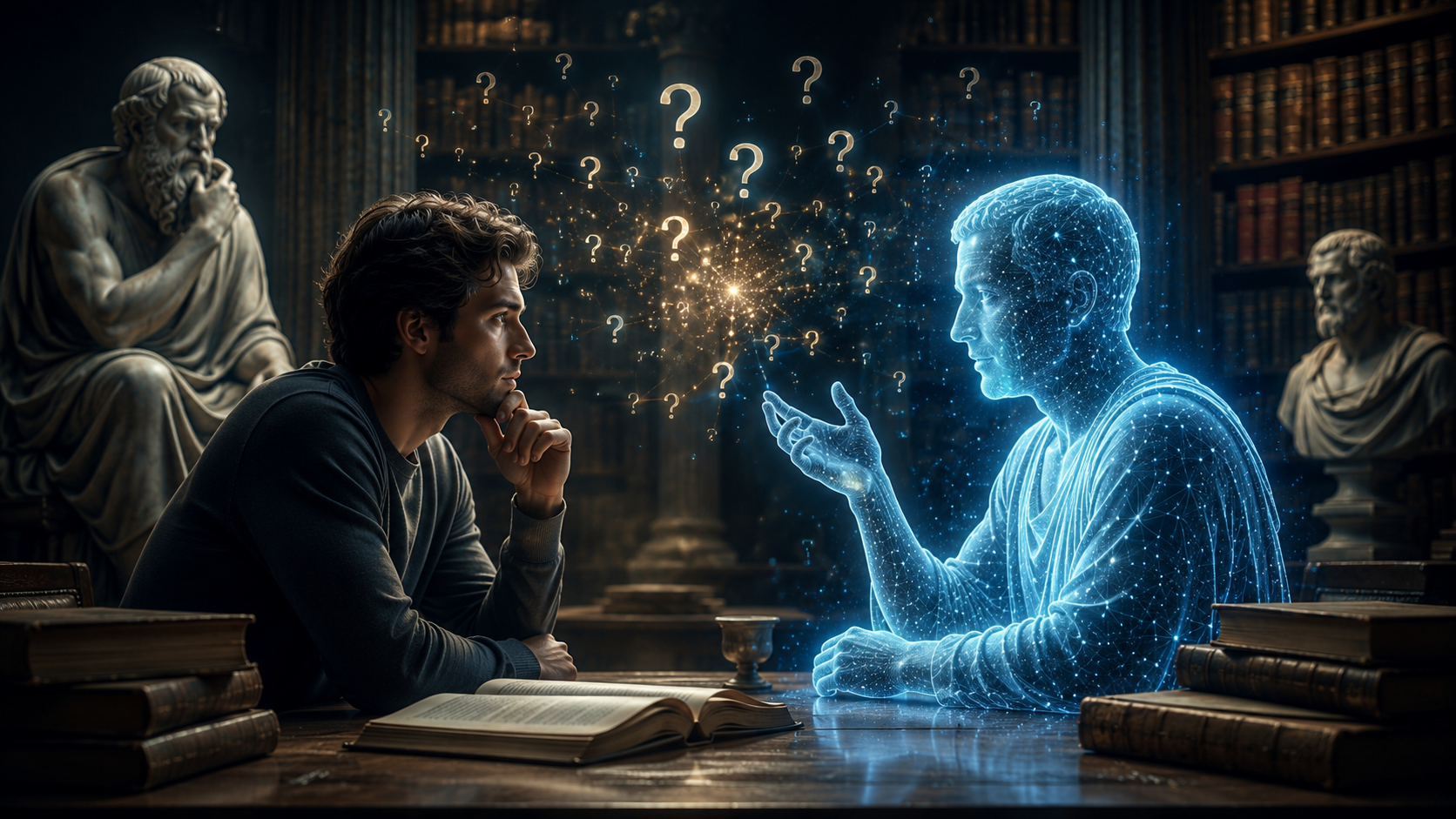 Person engaging in deep conversation with an AI thinking partner, representing the Socratic Method and critical thinking.