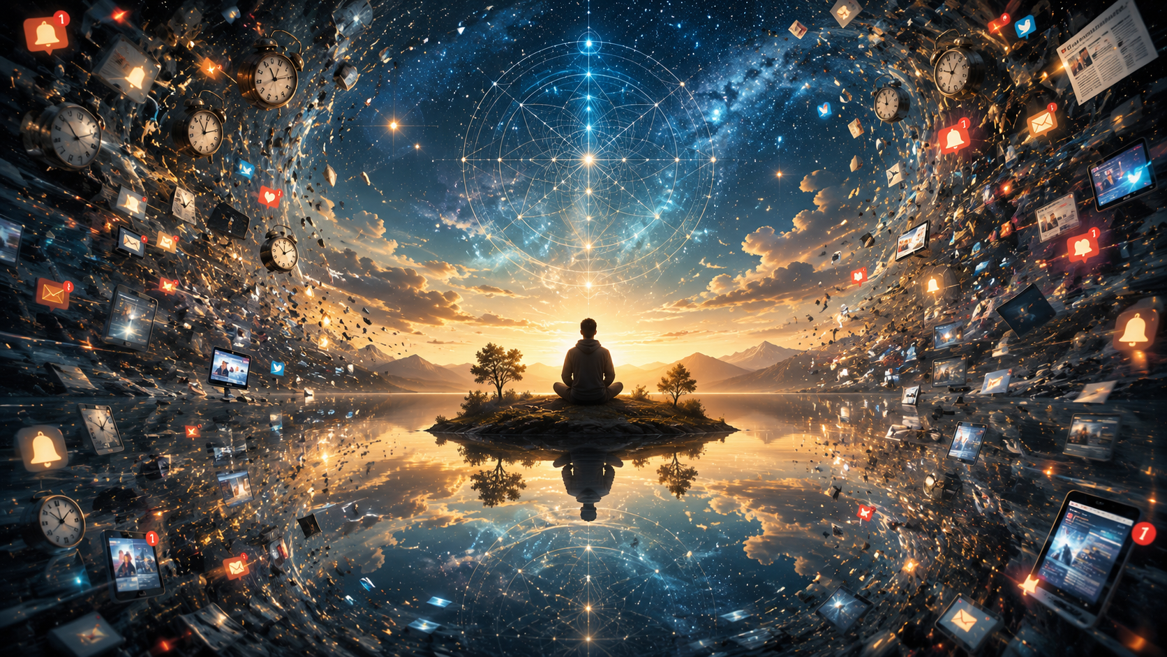 Person meditating on a small island surrounded by a storm of digital information, notifications, clocks, and screens, symbolising deep reflection, self-awareness, and clarity in the information age.