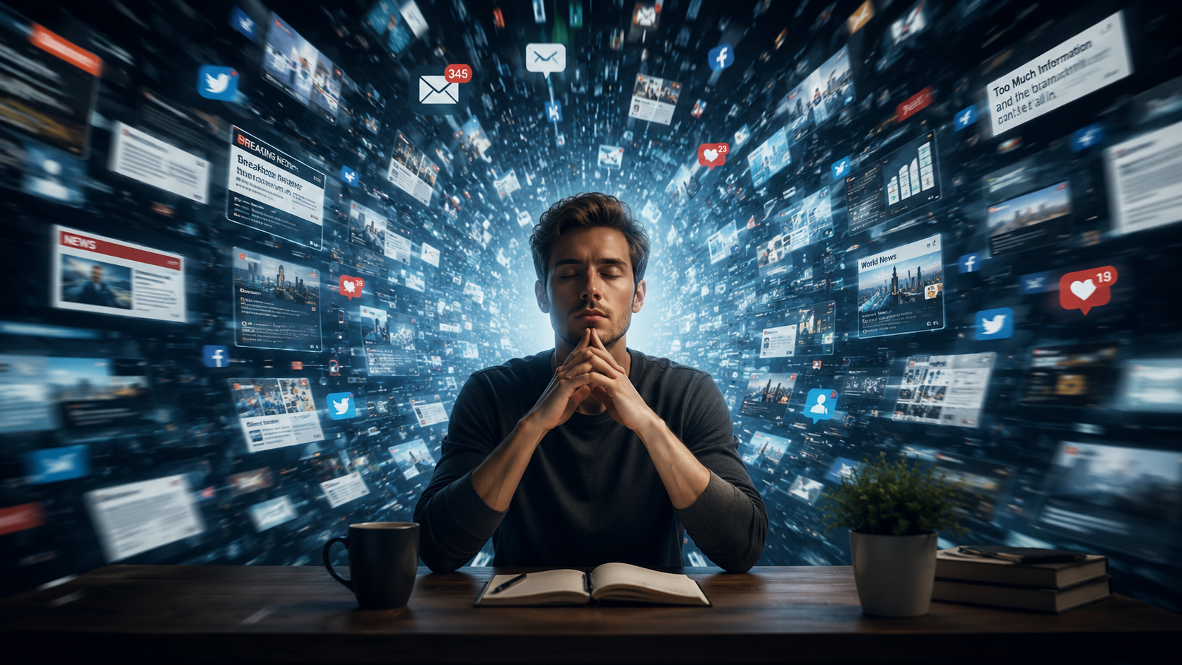 Person standing calmly amidst a storm of floating information, screens, data, and notifications, representing clear thinking and focus in an age of information overload.
