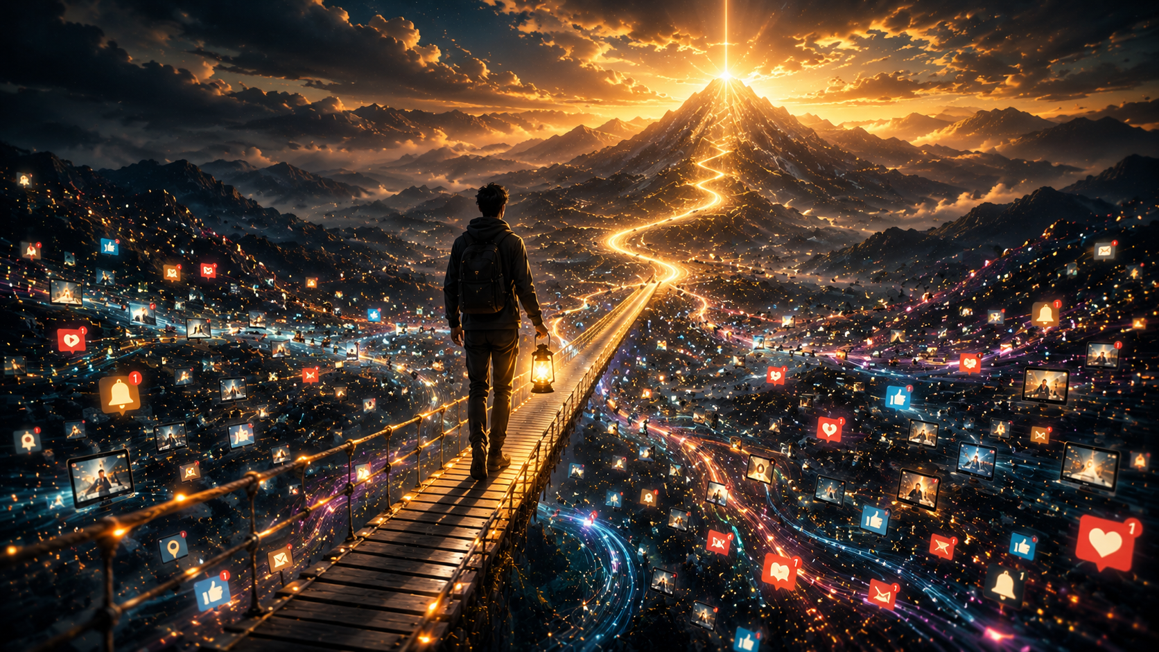 Person holding a lantern on a mountain peak overlooking a landscape filled with digital distractions, symbolising focus, concentration, clarity, and purposeful attention.