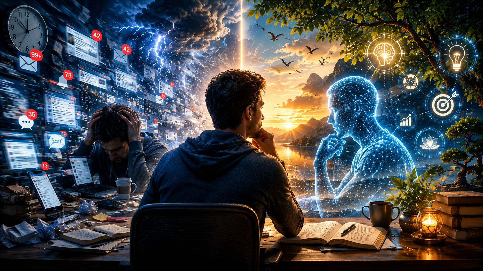 Why Most People Use AI Wrong Person choosing between using AI for content production and using AI as a tool for deeper thinking and self-awareness.