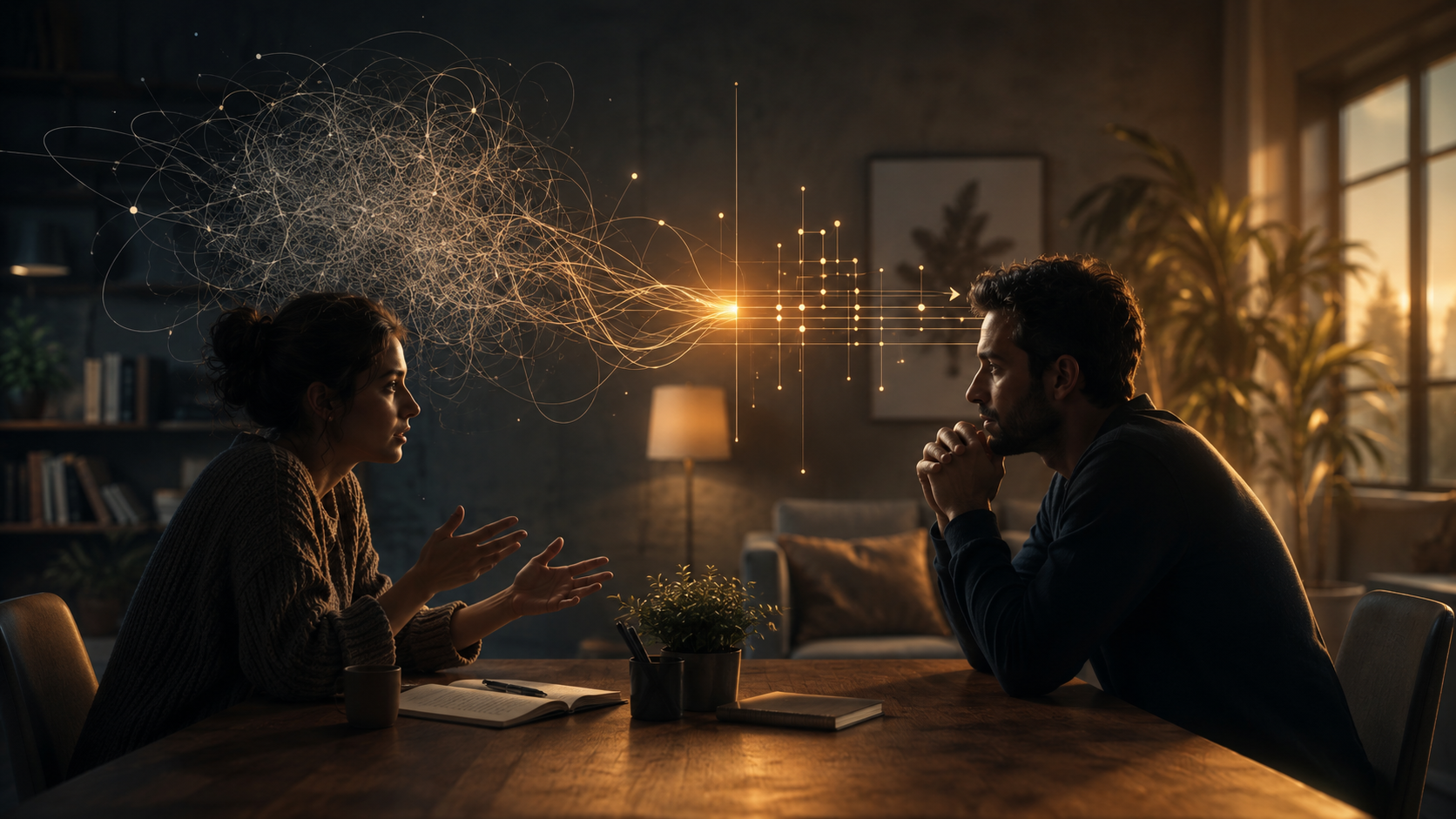 AI Prompts for Difficult Conversations Symbolic landscape representing AI helping people navigate difficult conversations with clarity, calm and emotional awareness