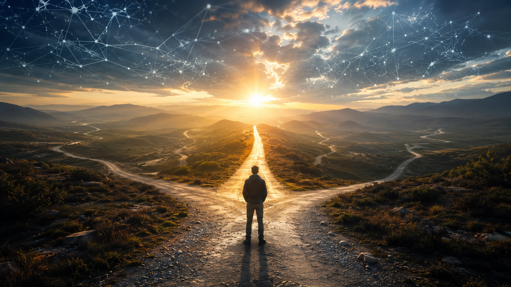 Person standing at a crossroads representing cognitive biases, critical thinking and using artificial intelligence to make wiser decisions.