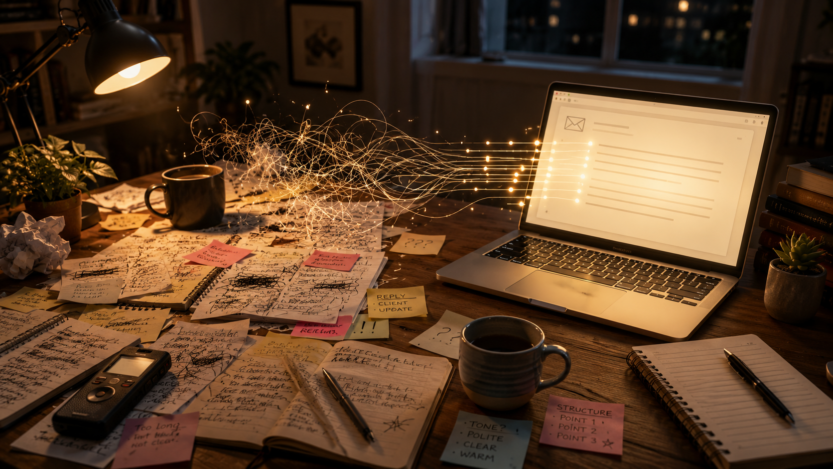 How AI Can Help Dyslexic Adults Write Emails and Messages More Clearly Symbolic desk scene representing AI helping dyslexic adults organise scattered thoughts into clearer emails and messages