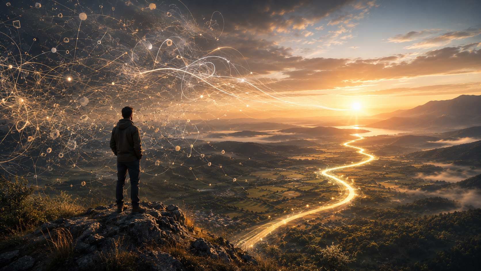 Symbolic landscape representing AI helping turn scattered thoughts into clear communication and self-expression