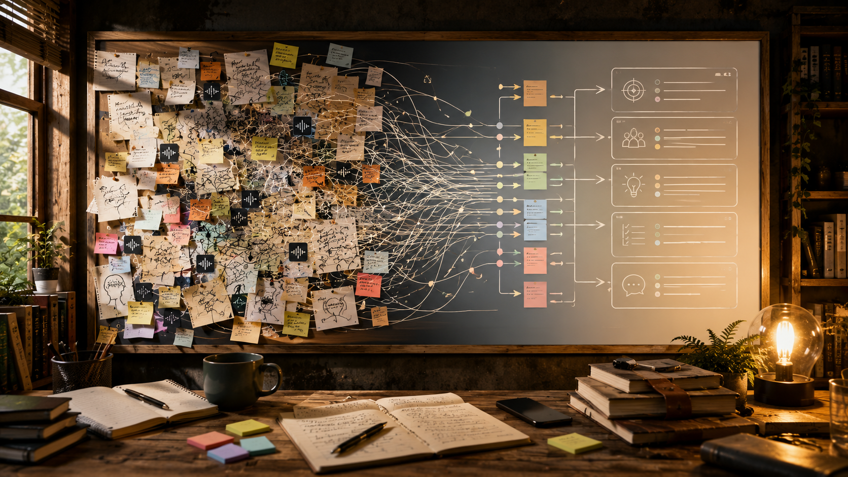 How to Turn Rambling Thoughts Into Clear Communication With AI Symbolic workspace scene showing rambling thoughts becoming organised into clear communication with the help of AI
