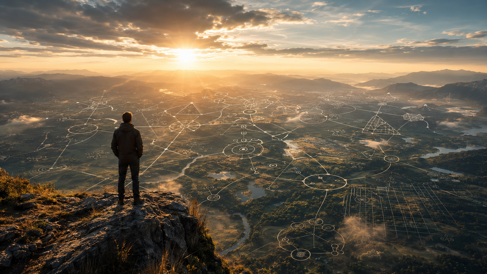 Symbolic landscape representing mental models, clear thinking and using AI to improve decision-making frameworks