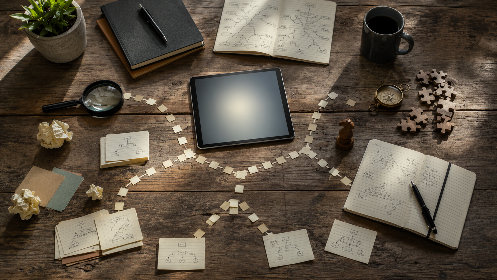 Decision-making workspace representing AI prompts for critical thinking and better decisions