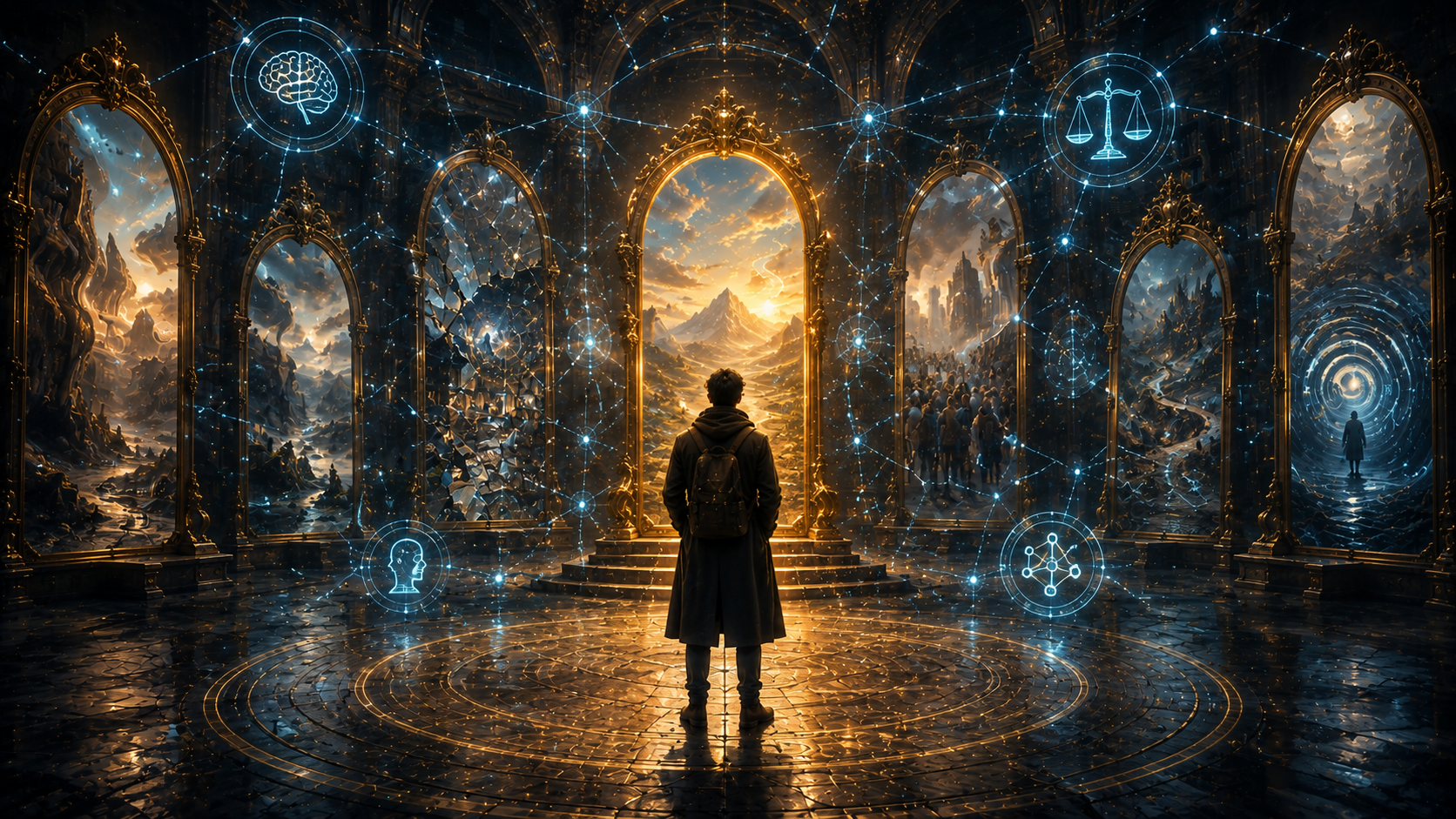 Person surrounded by distorted mirrors and an AI network, symbolising cognitive biases, thinking traps, self-awareness, and clearer thinking.