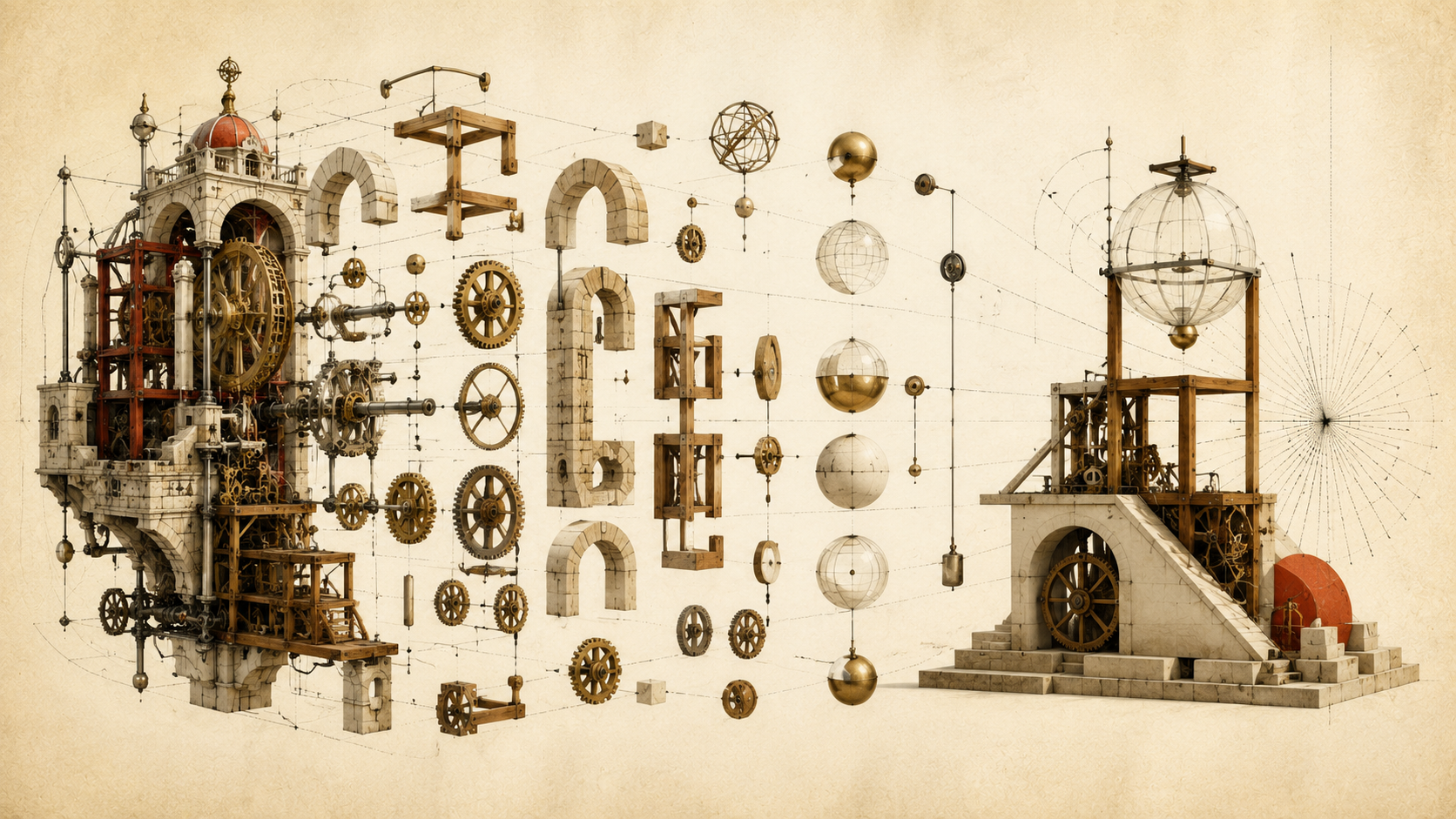 Exploded mechanical structure illustrating first principles thinking with AI
